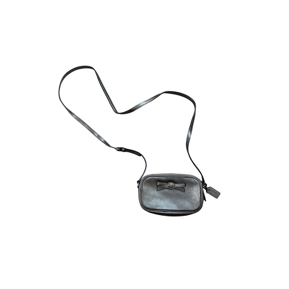 Coach‎ Metallic Pewter Leather Bow Turnlock Double Zip Crossbody Bag Purse